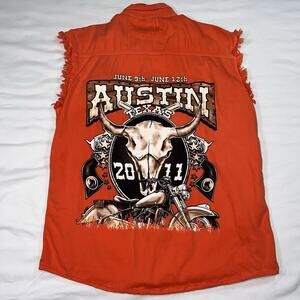 Austin TX Bike Rally 2011 Shirt Size L Orange Sleeveless Frayed The Biker’s Club